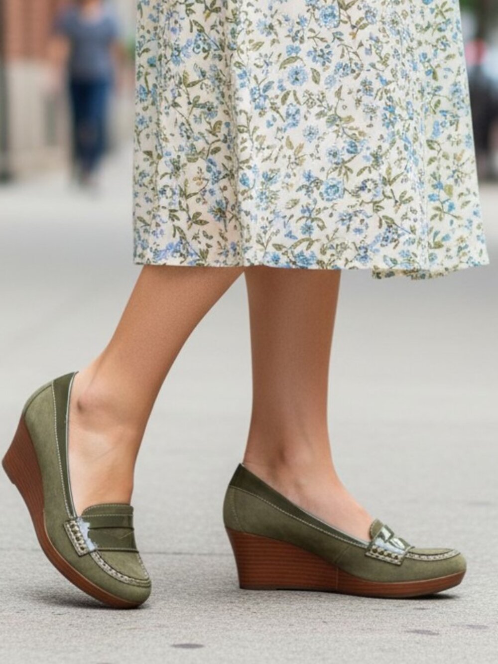 L.L. Bean Green Suede and Patent Leather Wedge Penny Loafers